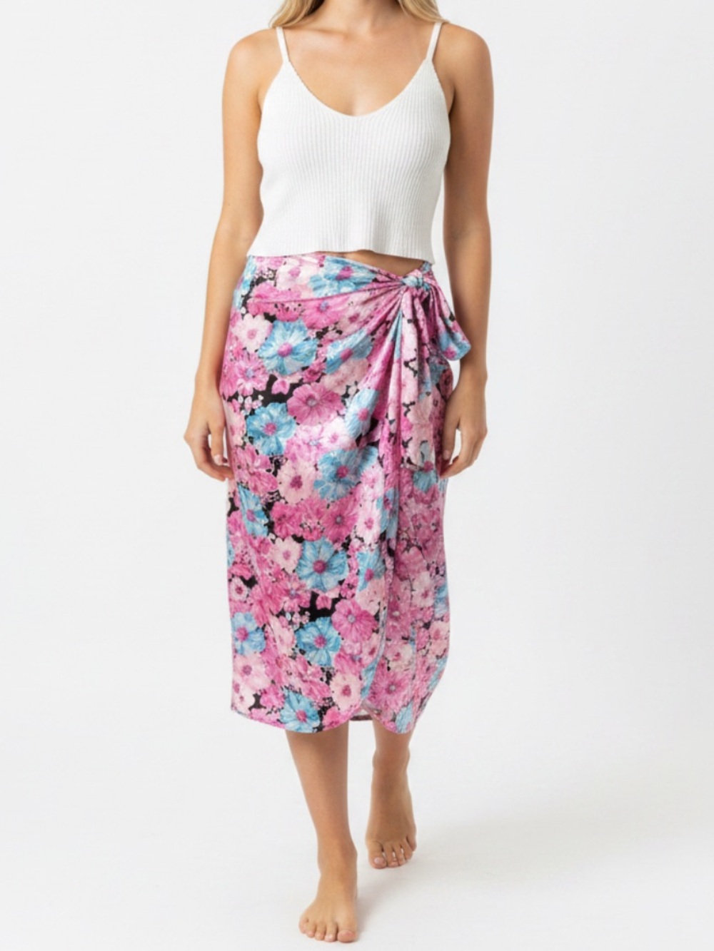 Wayf Floral Pink & Blue Sarong Wrap Tie Retro Print Silky Satin Midi Skirt XS